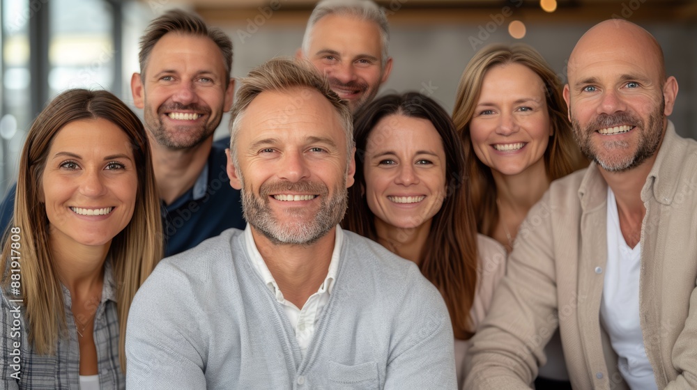 Group of cheerful colleagues smiling and sitting together in an office environment, showcasing teamwork and positivity. Group of cheerful colleagues smiling and sitting together in an office environment, showcasing teamwork and positivity.