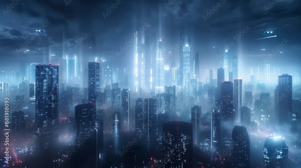 Futuristic cityscape with glowing skyscrapers under a dramatic night sky, showcasing a sci-fi urban environment. Futuristic cityscape with glowing skyscrapers under a dramatic night sky, showcasing a sci-fi urban environment.