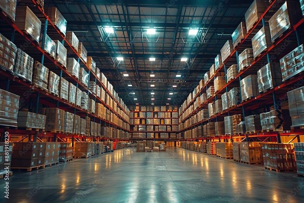 Fototapeta premium Modern retail warehouse and logistics center, ideal for understanding the concept of big business