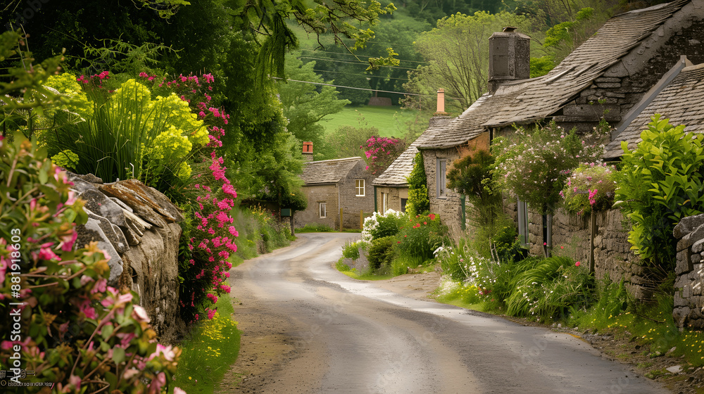 Naklejka premium Road trip through remote countryside with cottages and flowers