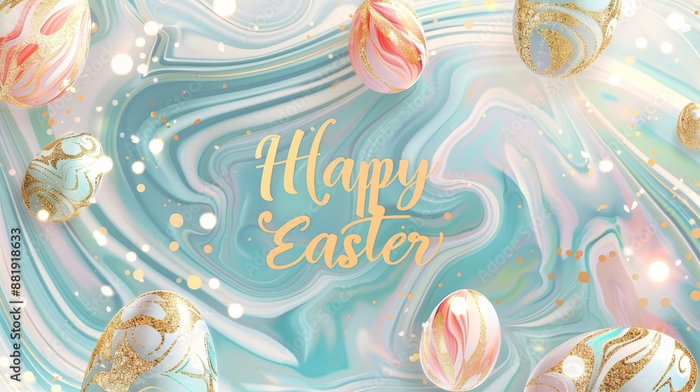 Fototapeta premium Enchanting abstract backdrop with marble-like patterns and glowing script saying Happy Easter