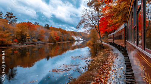 Train journey through autumn foliage in New England photo