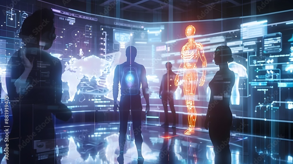 AI-Driven Technology Funding Proposal with Glowing Holograms and Serious Executives in Sci-Fi Setting AI-Driven Technology Funding Proposal with Glowing Holograms and Serious Executives in Sci-Fi Setting