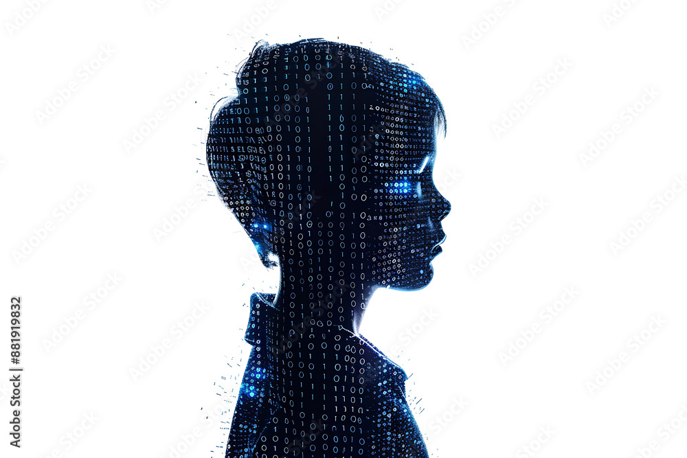 Child made from binary code on a white background in a wireframe plexus style, illustrating the intersection of technology and human life in digital art form Child made from binary code on a white background in a wireframe plexus style, illustrating the intersection of technology and human life in digital art form