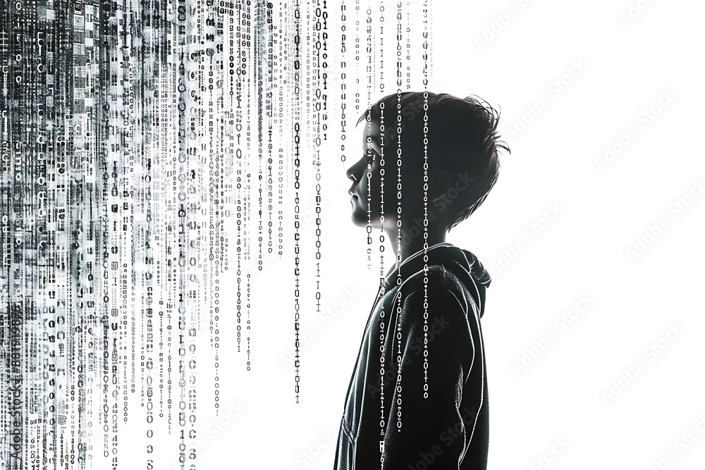 Child made from binary code on a white background in a wireframe plexus style, illustrating the intersection of technology and human life in digital art form Child made from binary code on a white background in a wireframe plexus style, illustrating the intersection of technology and human life in digital art form
