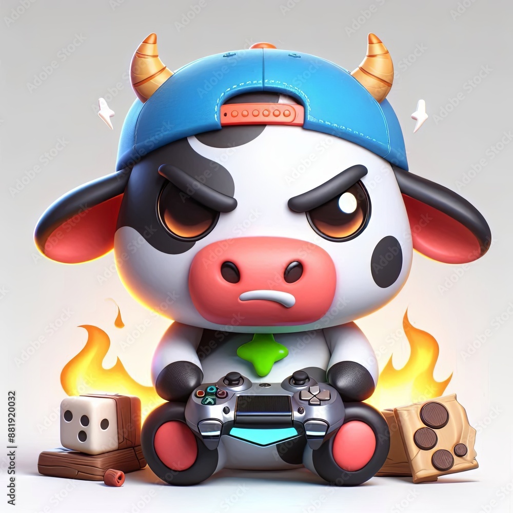 Fototapeta premium Cute Angry Cow Gaming Cartoon 3d Generative AI