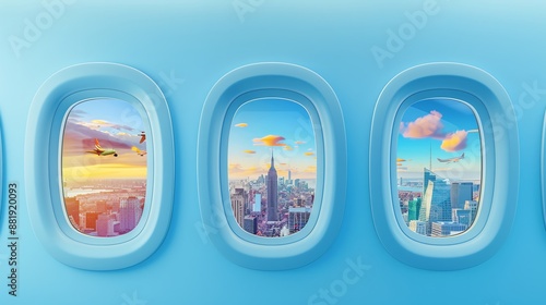 Airplane window view of New York City skyline.