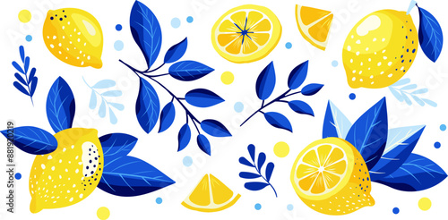 Cute vector set of lemon pattern in yellow and blue colors. Tropical fruit slice, fresh green leaves, yellow lemons on a blue background.