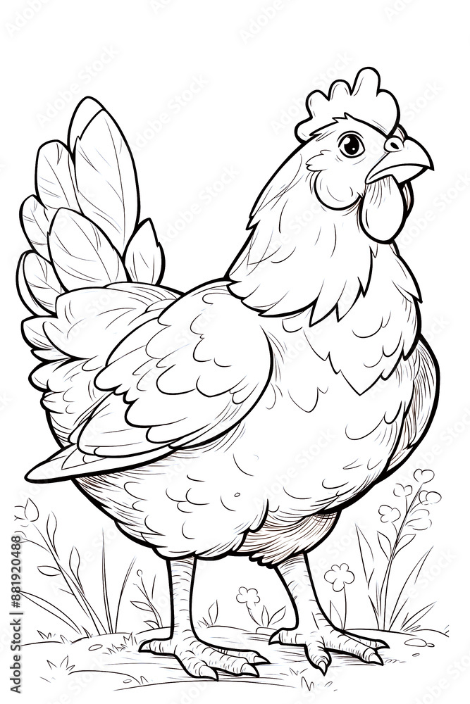 A coloring page featuring a hen on a farm. This illustration of farm birds is perfect for kids activities and educational materials. A coloring page featuring a hen on a farm. This illustration of farm birds is perfect for kids activities and educational materials.