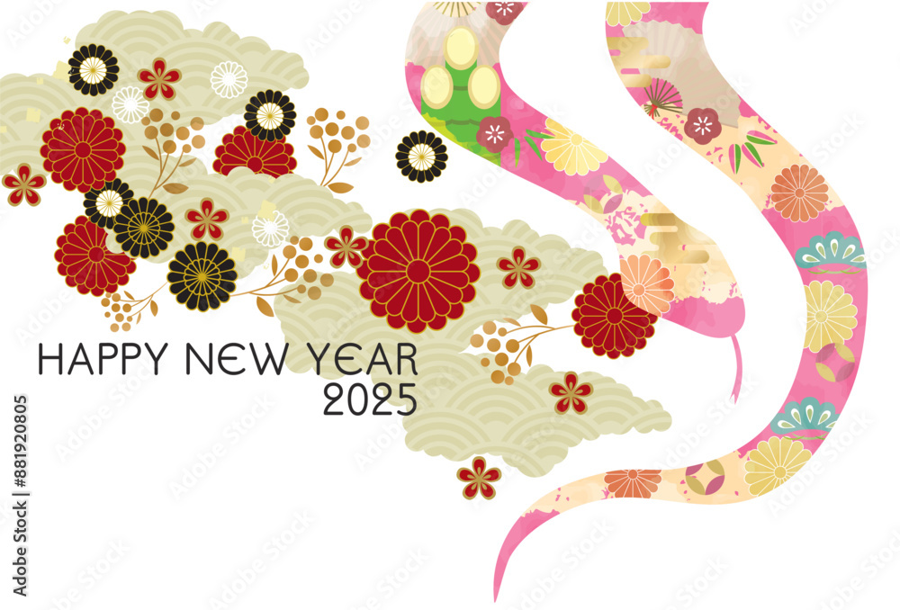 Φωτογραφία 巳年, 巳, 蛇, 年賀状, 2025, はがき, 新年, 2025年, お正月, テンプレート, スネーク, 手描き, 干支, 年賀はがき, 新春, 迎春,