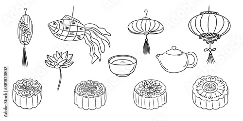 Mid autumn festival food and lanterns doodle set. Monochrome vector contour stickers with moon cakes, lotus, teapot and Asian lanterns isolated oh white background. Sketchy drawing for Asian holiday.