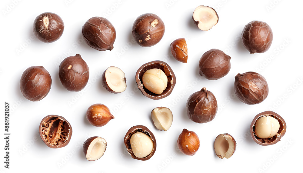 Fototapeta premium Macadamia nuts isolated on white background. Top view. Flat lay