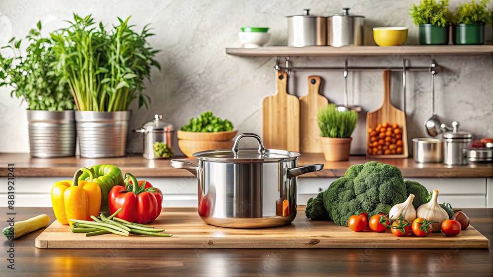Modern kitchen setup with a stylish saucepan on the stove Modern kitchen setup with a stylish saucepan on the stove