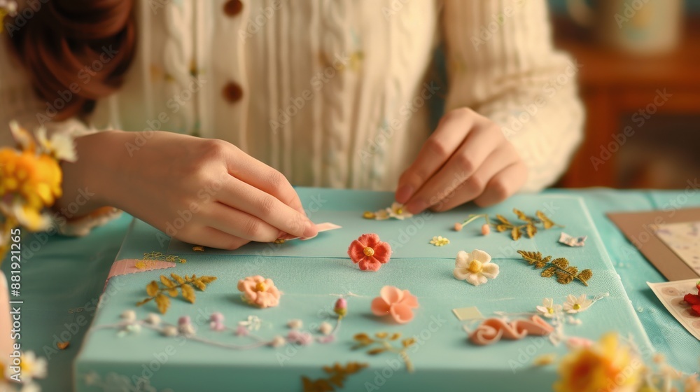 Woman arranging handmade paper flowers on blue canvas in cozy setting, displaying intricate craft, art, and creativity. Woman arranging handmade paper flowers on blue canvas in cozy setting, displaying intricate craft, art, and creativity.