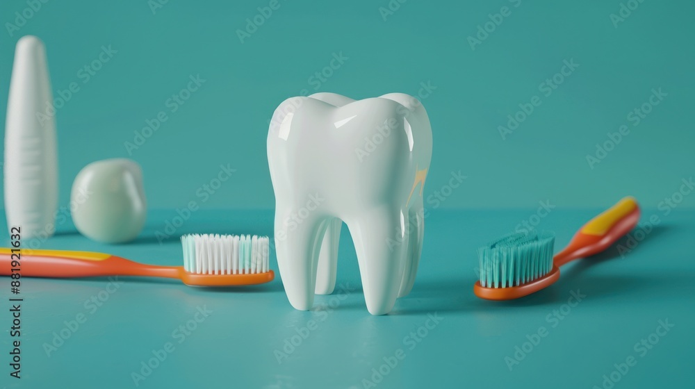Toothbrush and Tooth Model on Turquoise Background Toothbrush and Tooth Model on Turquoise Background