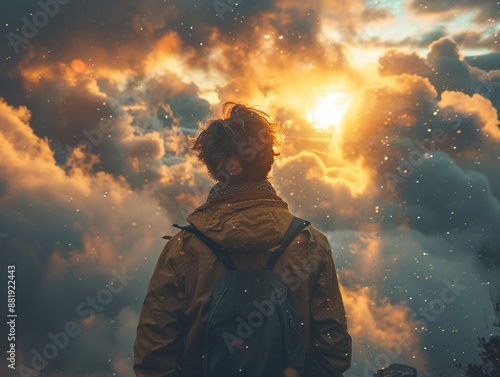 Silhouette of a man walking from dark storm clouds towards bright, hopeful skies