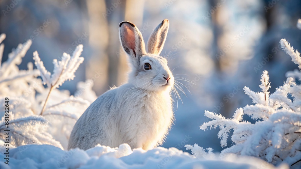 Winter's Frosty Embrace. A serene winter scene captures the quiet beauty of a white rabbit amidst a frosted forest, as the sun casts a soft glow on the snowy landscape. Winter's Frosty Embrace. A serene winter scene captures the quiet beauty of a white rabbit amidst a frosted forest, as the sun casts a soft glow on the snowy landscape.
