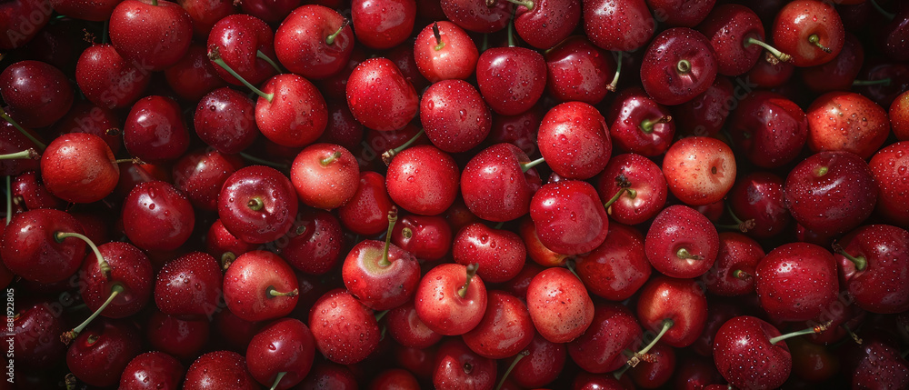 View of a bunch of fresh ripe Cherry fruits with neatly stacked leaves arranged from above on a wide flat textured background View of a bunch of fresh ripe Cherry fruits with neatly stacked leaves arranged from above on a wide flat textured background