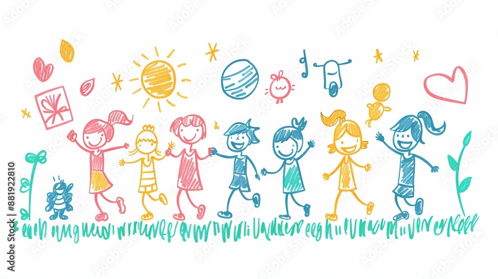 The image shows a group of children holding hands and dancing in a field The image shows a group of children holding hands and dancing in a field