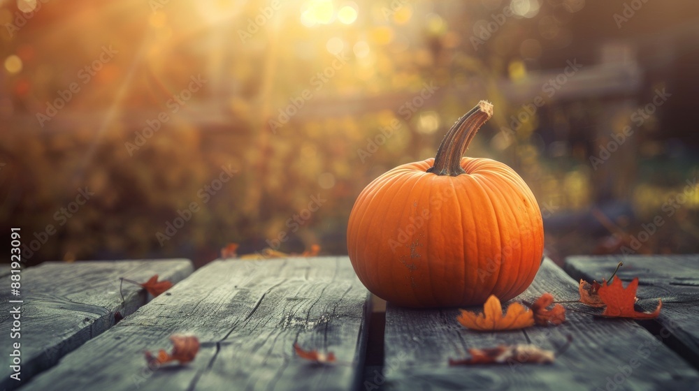 Single Pumpkin on Wooden Table With Autumn Leaves in Sunlight Single Pumpkin on Wooden Table With Autumn Leaves in Sunlight