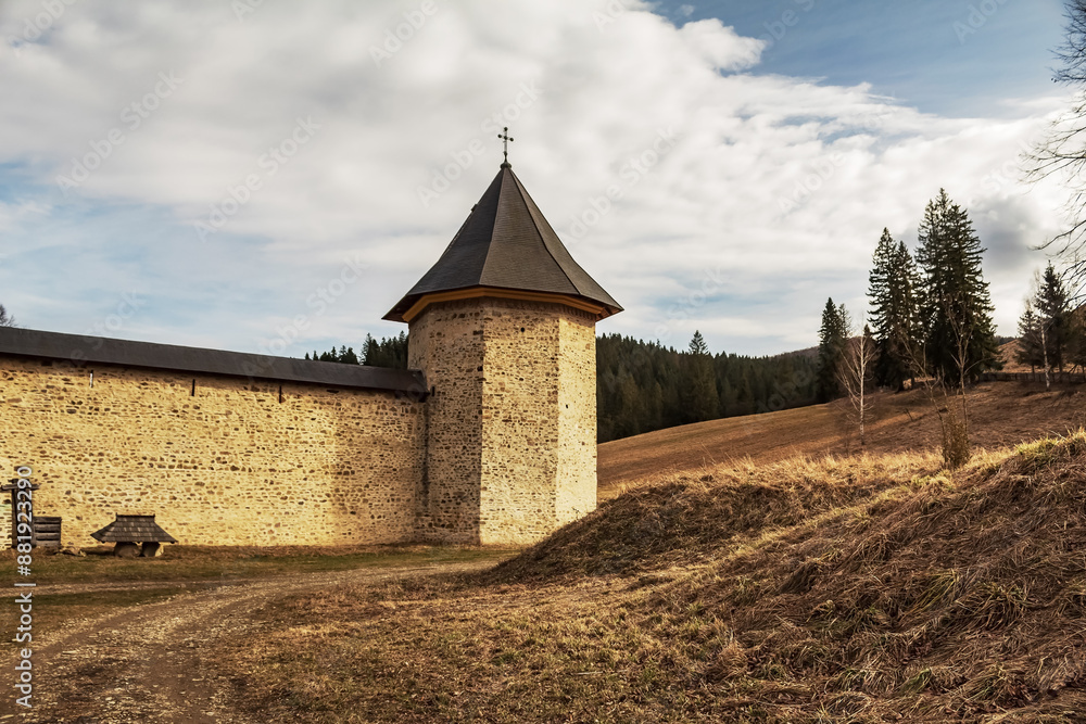 Fototapeta premium Sucevita Monastery Europe, Romania, Suchav region, Sucevița, DN17A 169, 727510, 12.02.2024 year