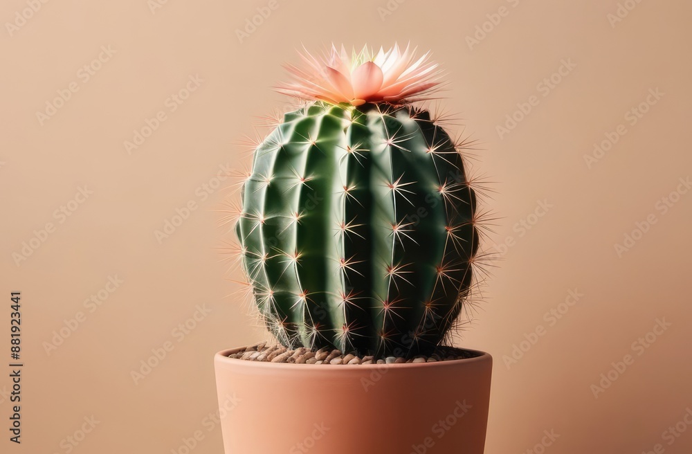 Single Cactus in Clay Pot with Pink Flower on Top on Beige Background Single Cactus in Clay Pot with Pink Flower on Top on Beige Background