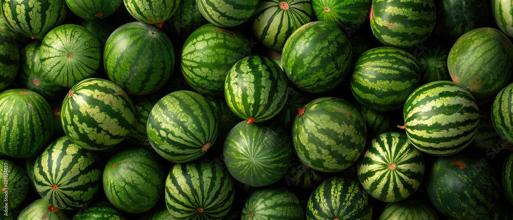 View of a bunch of fresh ripe watermelons fruits with neatly stacked leaves arranged from above on a wide flat textured background View of a bunch of fresh ripe watermelons fruits with neatly stacked leaves arranged from above on a wide flat textured background