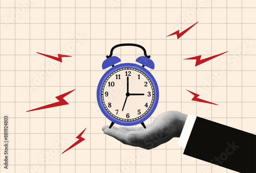Halftone collage of business concept of coming deadline. Pop art, vintage design of the deadline concept for social media, or web banners in a paper style. A hand holds an alarm clock. 