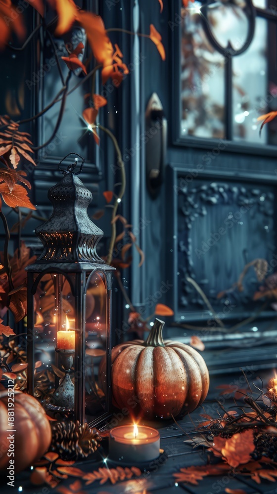 Fototapeta premium Cozy autumn scene beside front door with pumpkins
