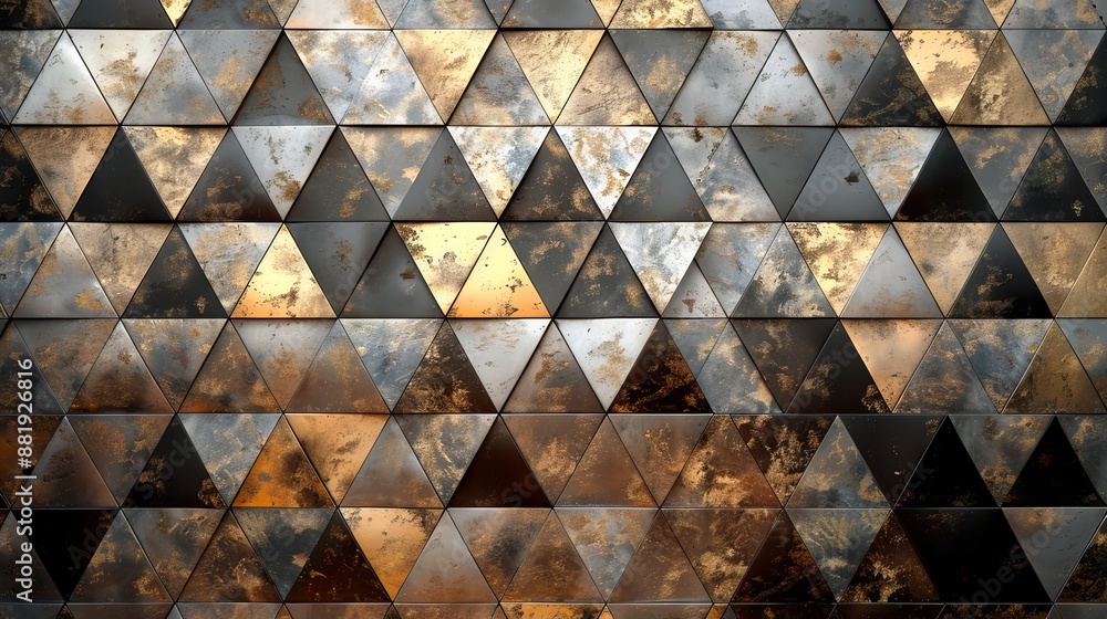 Abstract Geometric Wallpaper Design Featuring Metallic Gold, Silver, and Copper Triangular Tiles with a Fluted Texture Abstract Geometric Wallpaper Design Featuring Metallic Gold, Silver, and Copper Triangular Tiles with a Fluted Texture