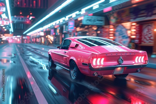 Futuristic concept: pink sports car in motion against a blurred city skyline