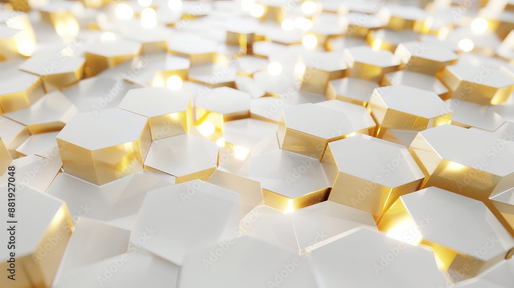 Abstract White Luxury Background with Golden Hexagon Shapes – Elegant 3D Rendering Abstract White Luxury Background with Golden Hexagon Shapes – Elegant 3D Rendering