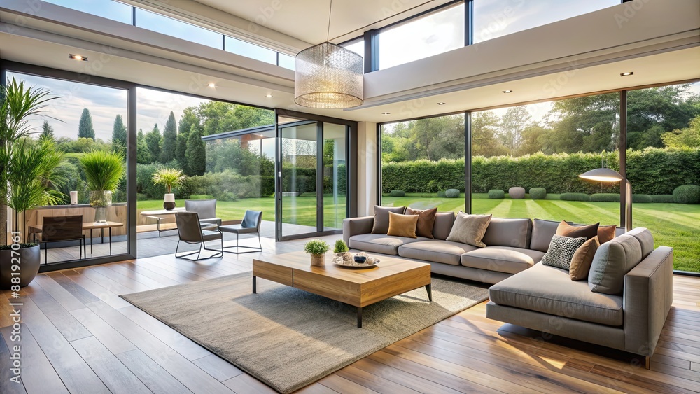 Modern open-concept living room with large windows, minimalistic decor Modern open-concept living room with large windows, minimalistic decor