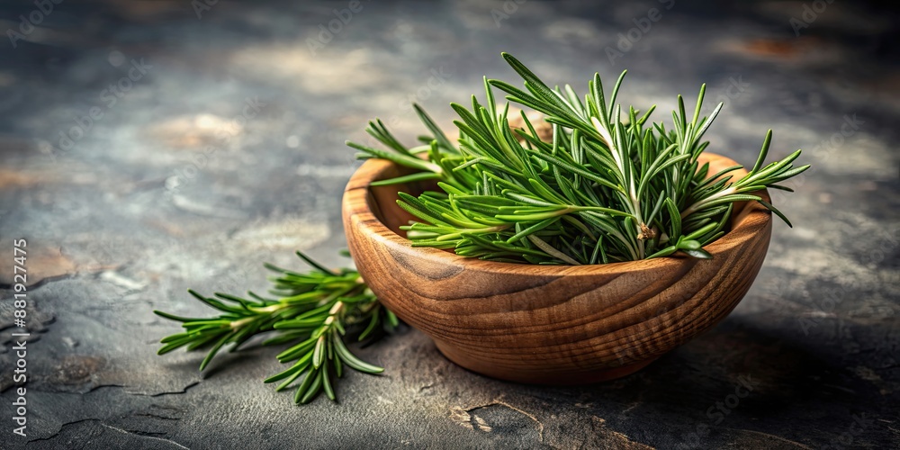 Fresh rosemary herb in a rustic wooden bowl on a textured background, rosemary, herb, fresh, organic, green, natural Fresh rosemary herb in a rustic wooden bowl on a textured background, rosemary, herb, fresh, organic, green, natural