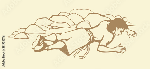 An exhausted person lies on the ground. Vector drawing