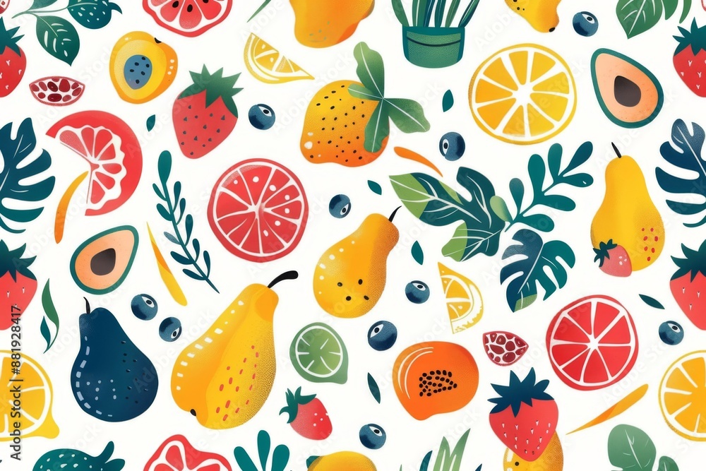 Vibrant Fruit Pattern with Tropical Leaves Vibrant Fruit Pattern with Tropical Leaves