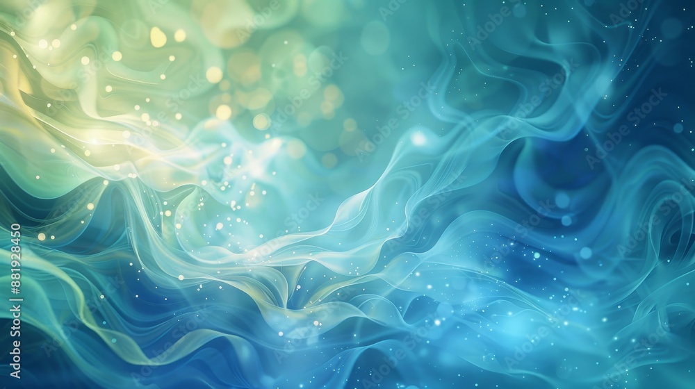 Fluid patterns in shades of blue-green with glowing light points and organic textures in serene abstract Fluid patterns in shades of blue-green with glowing light points and organic textures in serene abstract