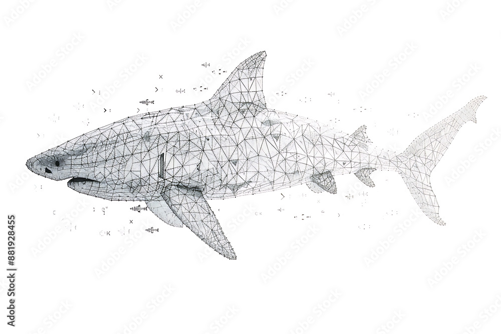 Fototapeta premium Shark made from binary code on a white background in a wireframe plexus style, combining elements of technology and marine life art