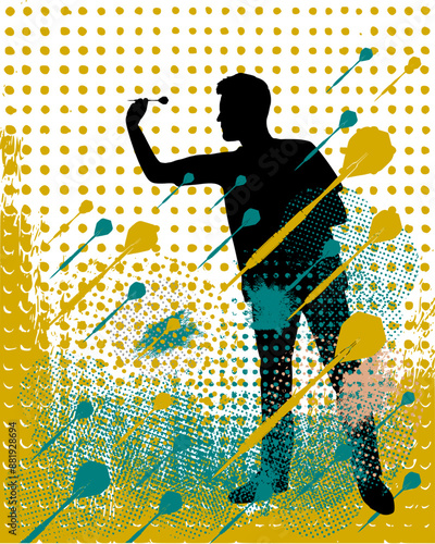 Vektor Silhouette Dart - Dartspieler zielt mit Pfeil - Abstrakt Grunge Design Darstellung mit Elementen - Vorlage - Turnier - Dartsport - Steel Darts