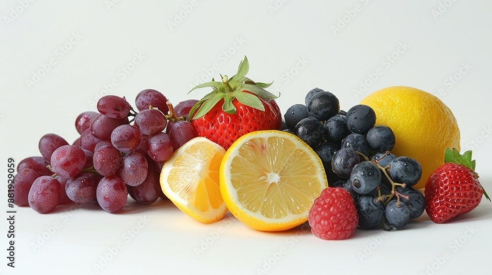An assortment of fresh berries, citrus, and grapes, beautifully arranged against a white backdrop An assortment of fresh berries, citrus, and grapes, beautifully arranged against a white backdrop