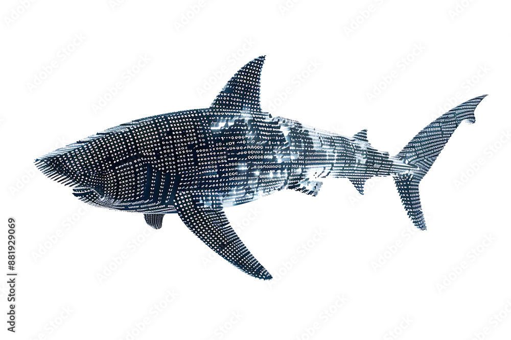 Fototapeta premium Shark made from binary code on a white background in a wireframe plexus style, combining elements of technology and marine life art.