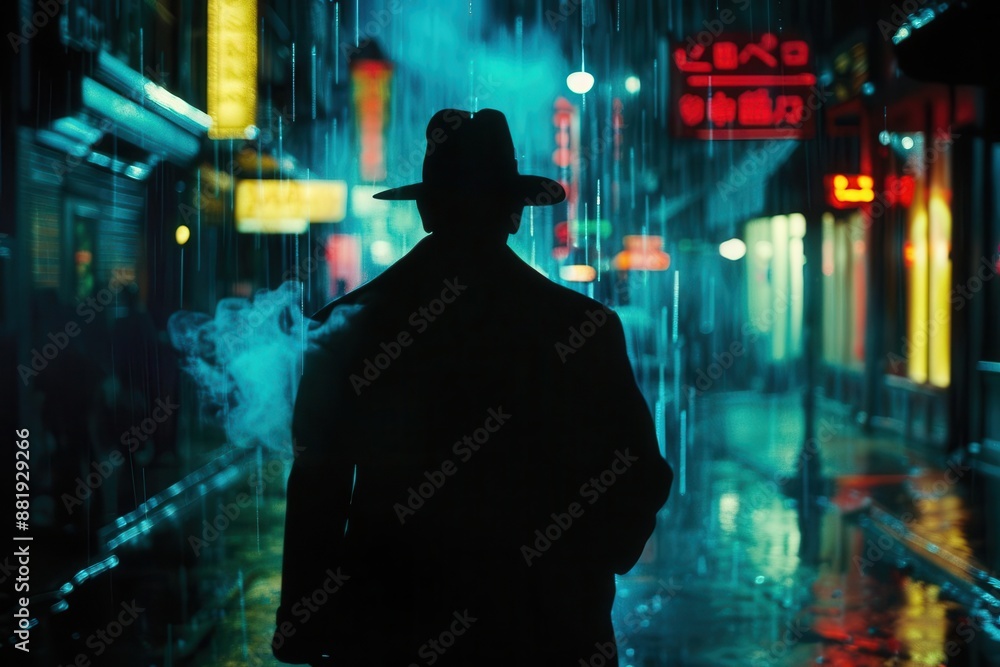 rainslicked streets reflect neon lights as a mysterious detective emerges from the shadows his fedora tilted cigar glowing the scene epitomizes classic film noir aesthetics rainslicked streets reflect neon lights as a mysterious detective emerges from the shadows his fedora tilted cigar glowing the scene epitomizes classic film noir aesthetics