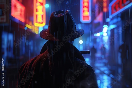 rainslicked streets reflect neon lights as a mysterious detective emerges from the shadows his fedora tilted cigar glowing the scene epitomizes classic film noir aesthetics © furyon