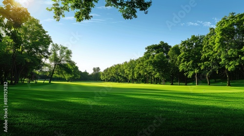 Beautiful golf fairway with vibrant green grass and trees under a clear blue sky