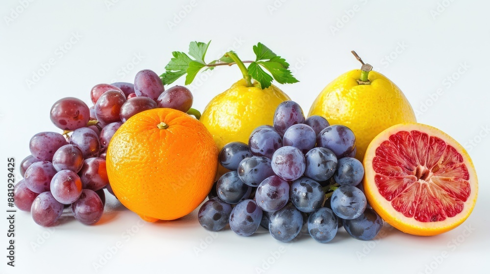Bright fresh berries, citrus, and grapes, displayed neatly against a plain white background Bright fresh berries, citrus, and grapes, displayed neatly against a plain white background