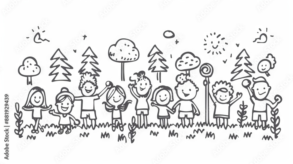 The image shows a group of happy children playing in a forest The image shows a group of happy children playing in a forest