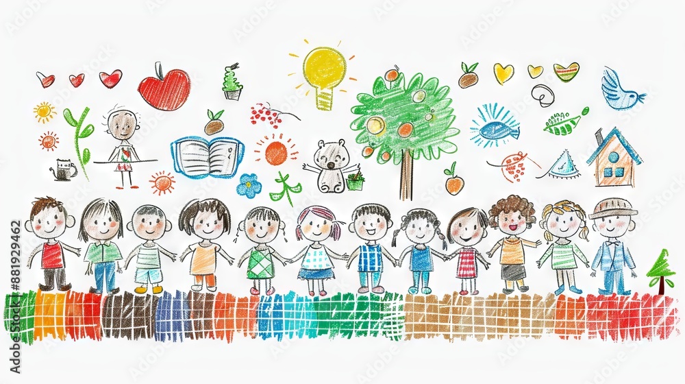 Obraz premium The image shows a group of diverse children holding hands in front of a colorful background. The children are all smiling and happy.