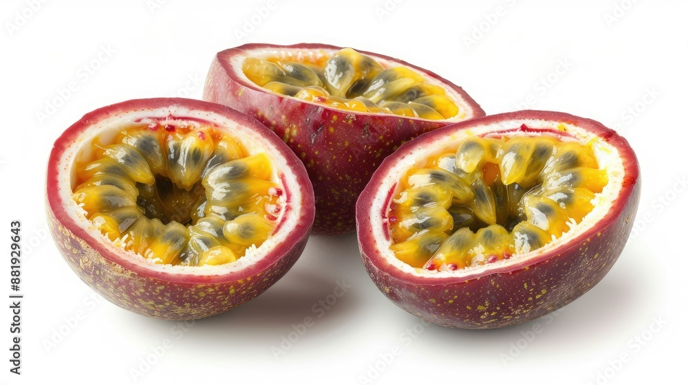 Close-up of passion fruit halves with bright yellow pulp, isolated on a white background Close-up of passion fruit halves with bright yellow pulp, isolated on a white background