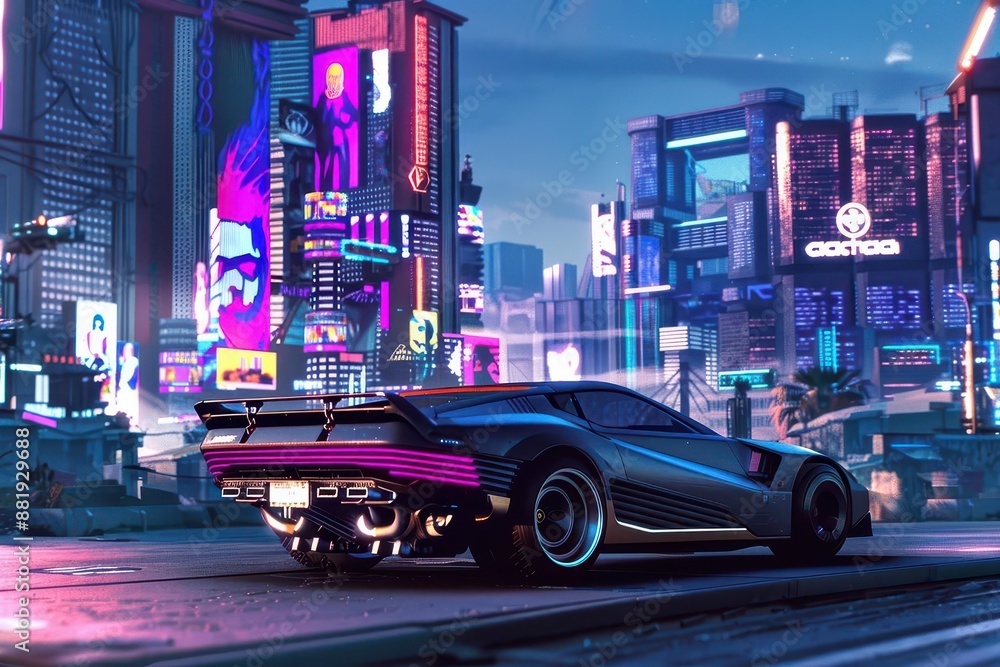 retrofuturistic hover car cruising through a neonlit cityscape at night sleek chrome details reflect the vibrant colors of surrounding skyscrapers and billboards retrofuturistic hover car cruising through a neonlit cityscape at night sleek chrome details reflect the vibrant colors of surrounding skyscrapers and billboards