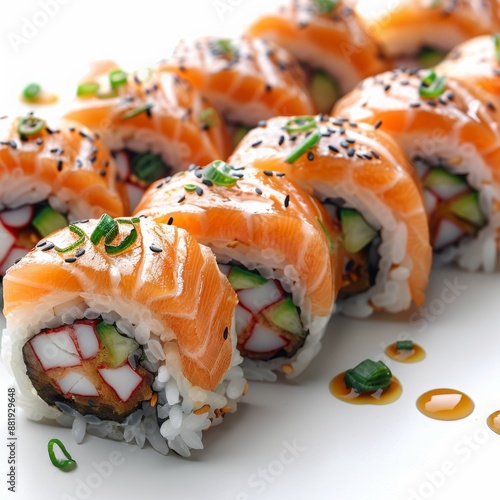 sushi , still life white background, realistic, perspective view